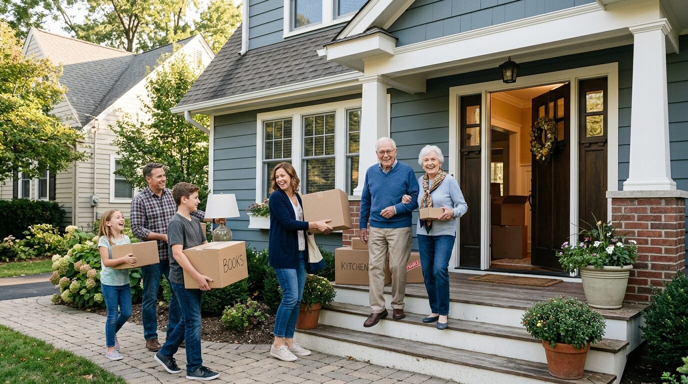A family of five is moving into their new home, carrying boxes and smiling as they step onto the porch.