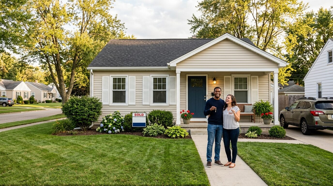 A young couple stands in front of their newly purchased home, holding keys and smiling at the camera.