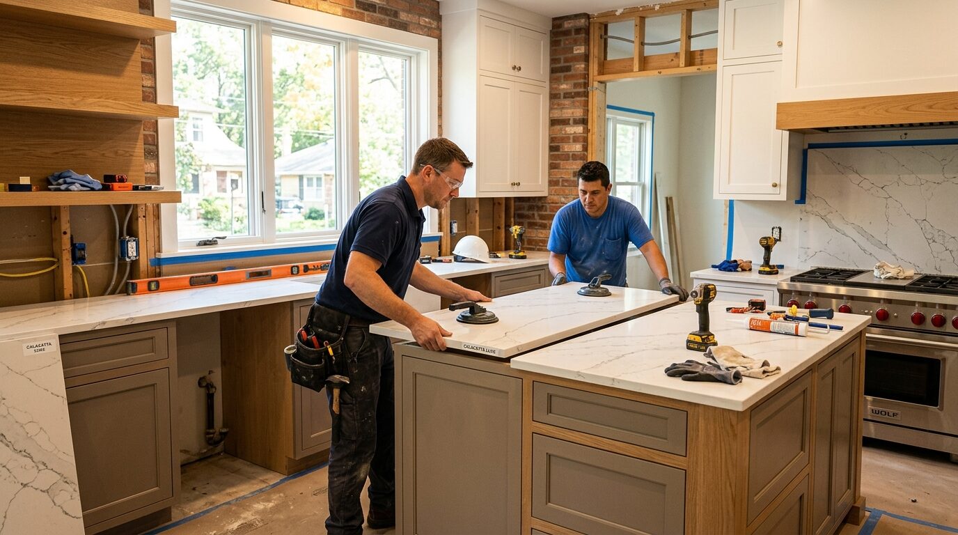 Two men are working on a kitchen island in a construction site, surrounded by tools and materials.