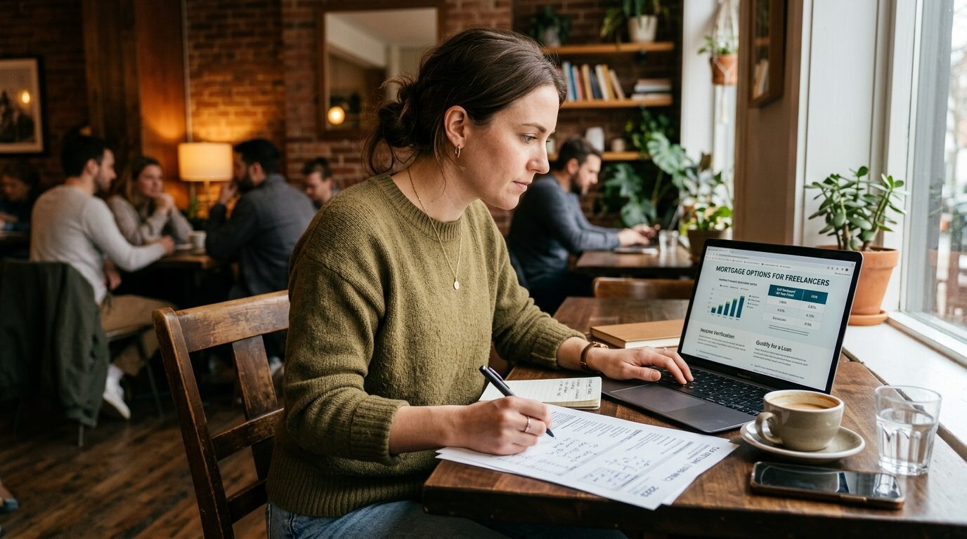A woman sits at a wooden table in a coffee shop, working on her laptop and taking notes.