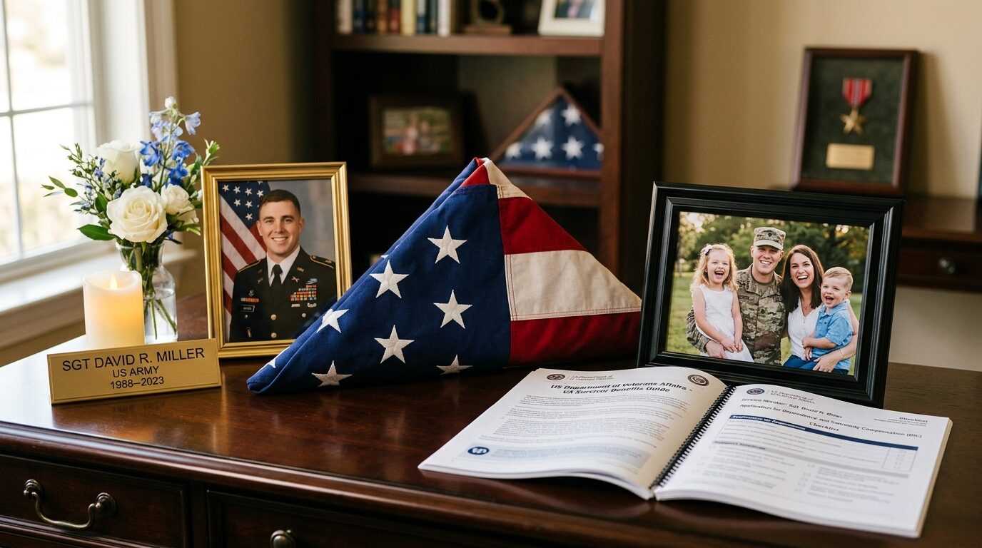 This image is a still life of a desk with personal items and a book about the US Department of Veterans Affairs.
