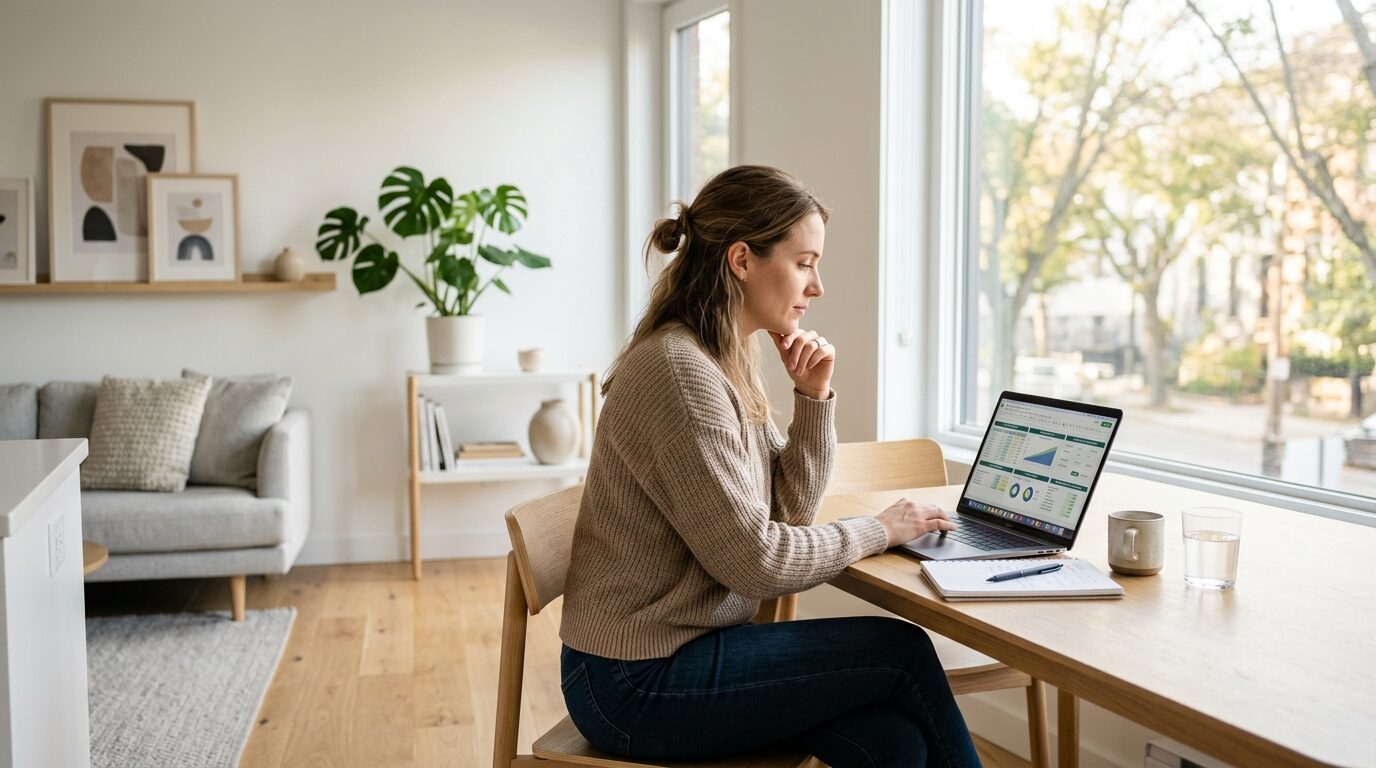 A woman sits at a table in front of a laptop, working from home in a modern living room.