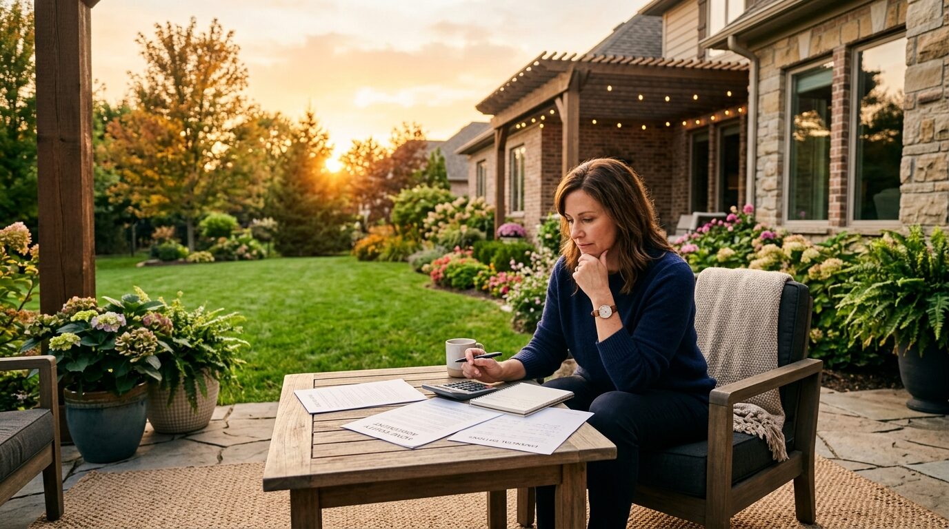 A woman sits at a wooden coffee table on a stone patio, surrounded by a lush garden, working on her outdoor office setup.