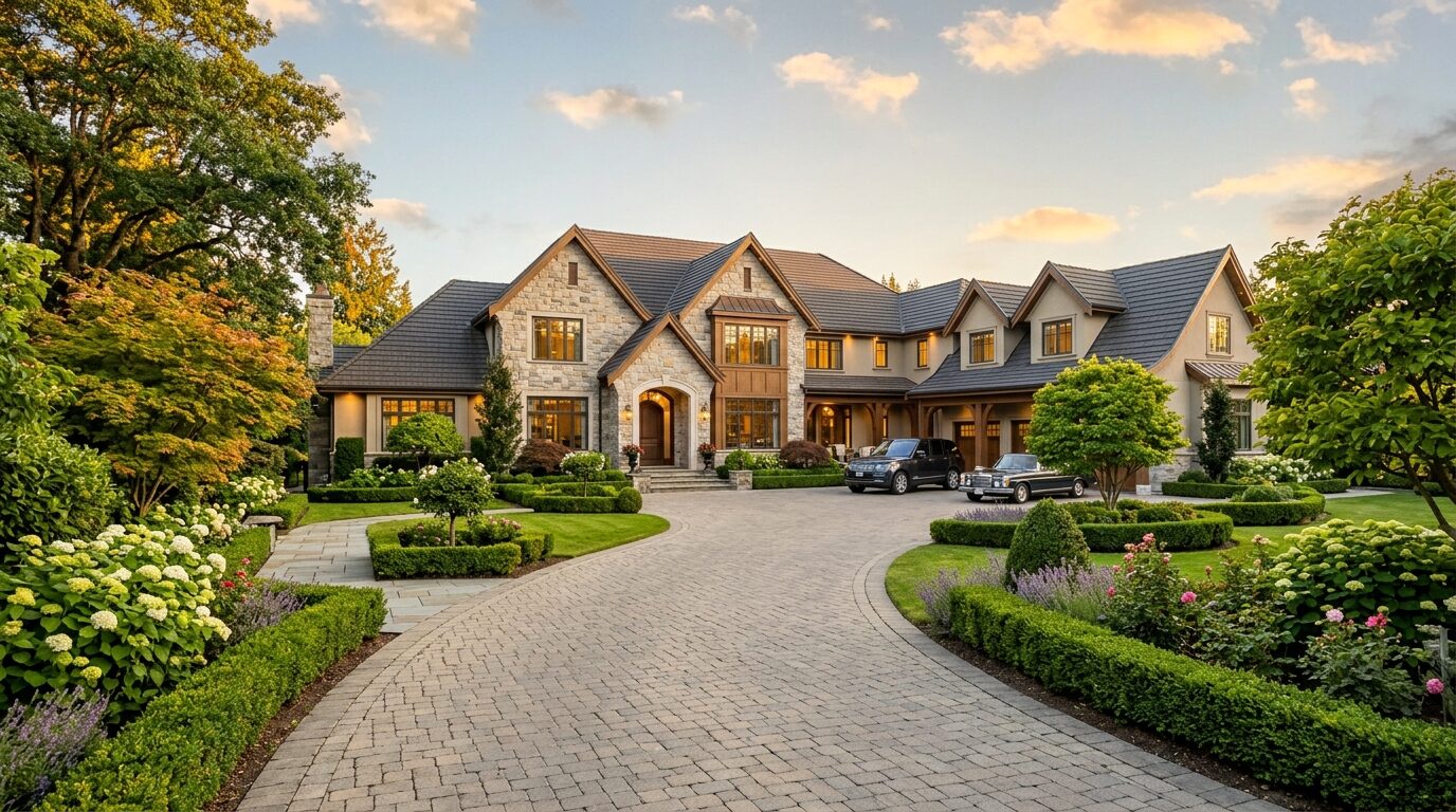 A large, stone- and brick-built house with a driveway and two cars is surrounded by a well-manicured garden.