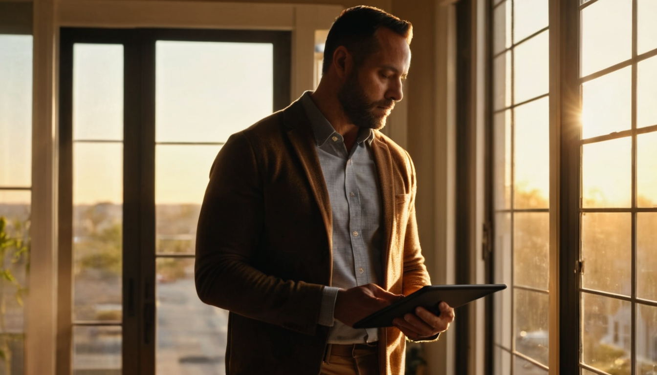 A man stands in front of a window, holding a tablet and gazing out at the view.