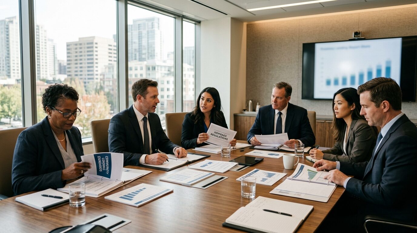 A group of business professionals in formal attire are seated around a conference table, engaged in a meeting.