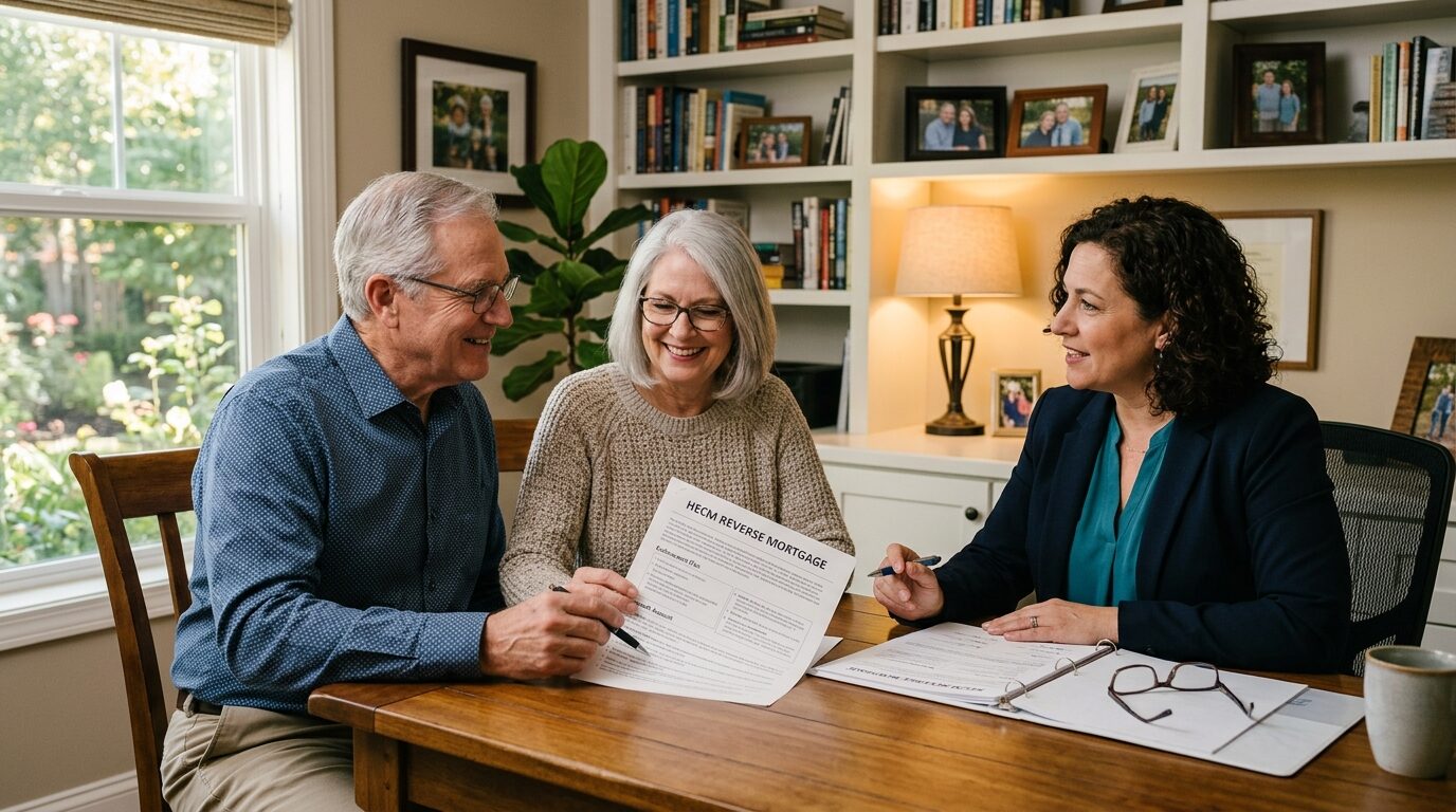 A couple is signing a reverse mortgage document with a financial advisor in a home office setting.