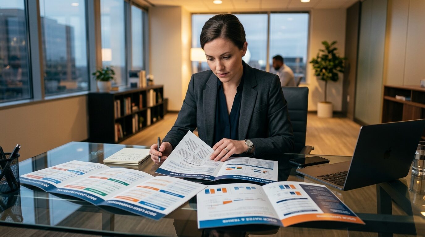 A woman in a business suit sits at a desk, surrounded by papers and a laptop, in a modern office setting.