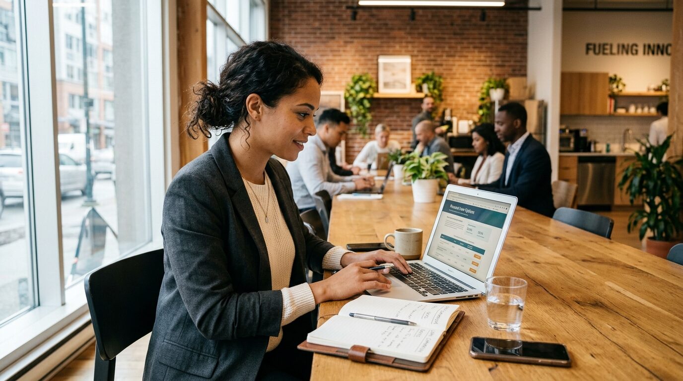 A woman in a business setting is working on her laptop, surrounded by a coffee cup, notebook, and phone.