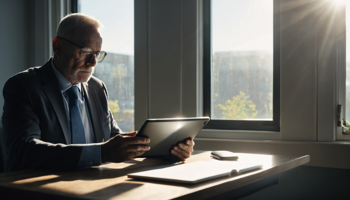 An older man in a suit sits at a desk, holding a tablet and looking at it with a serious expression.