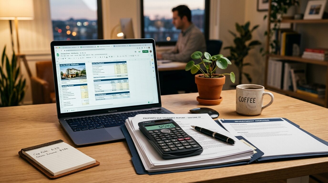 A laptop, calculator, and papers sit on a desk in an office setting, with a man working in the background.
