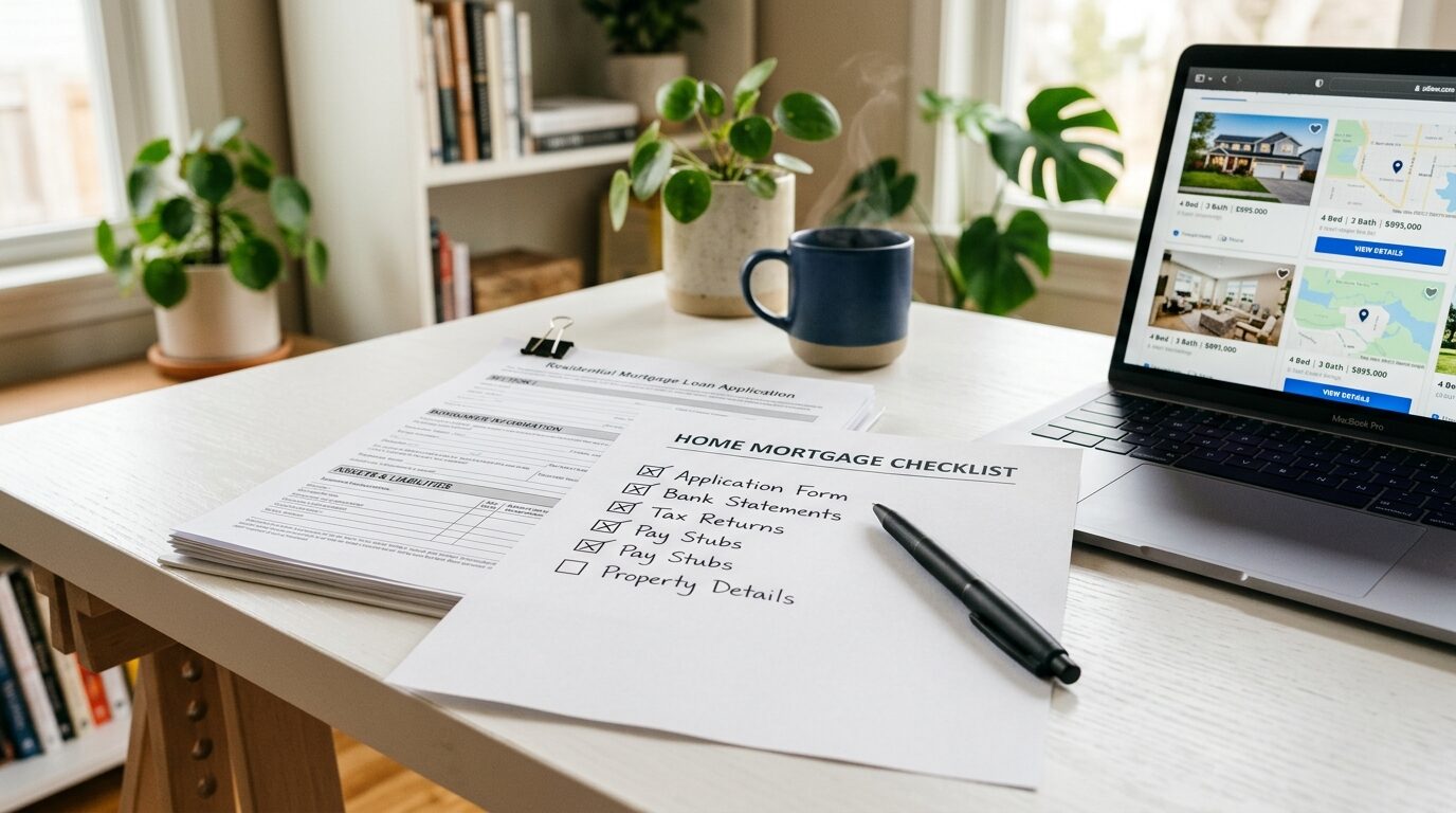 A white desk with a laptop, a pen, and a home mortgage application form, with a checklist of application details.