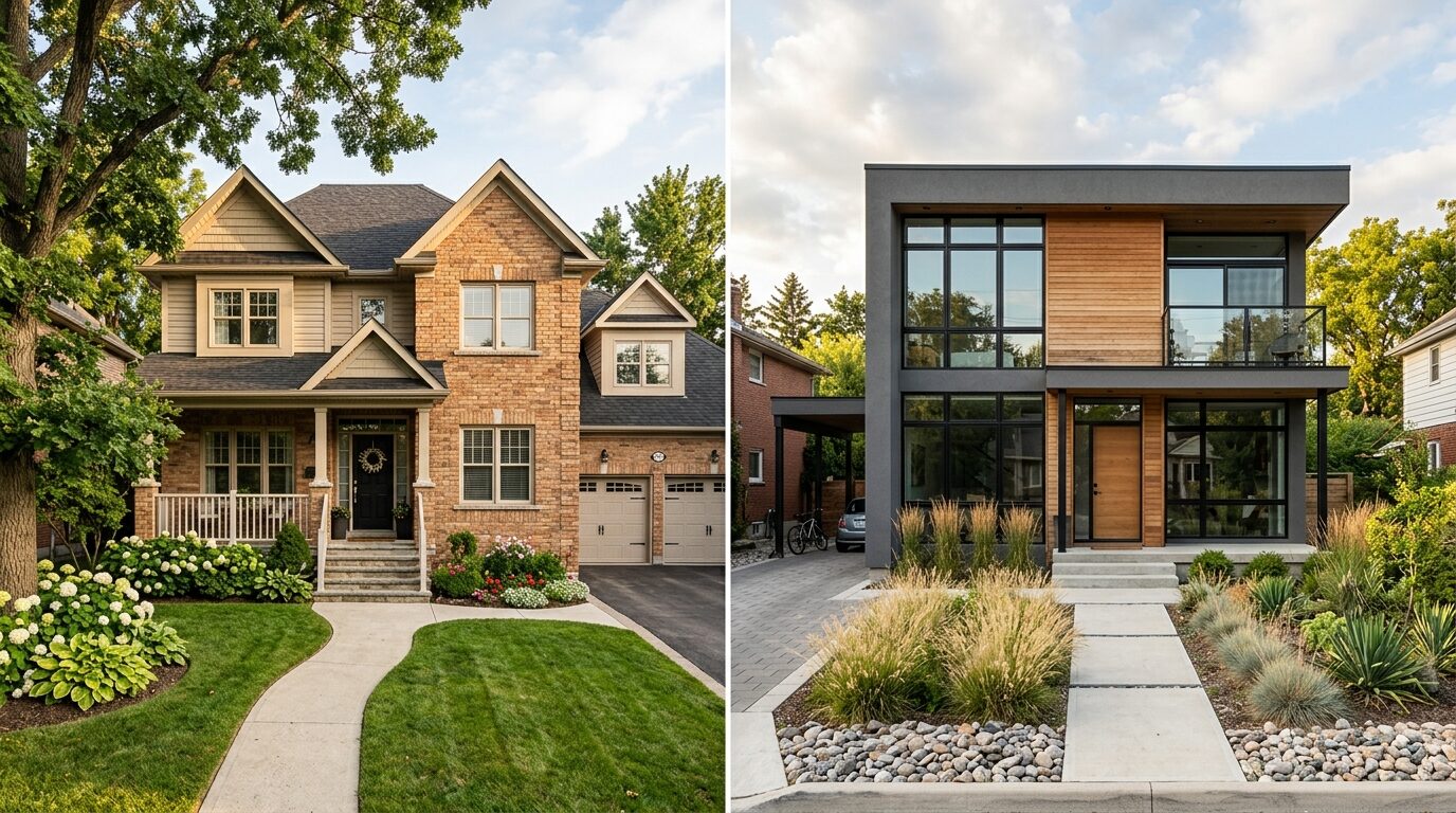 The image presents a side-by-side comparison of two houses, one with a traditional design and the other with a modern design.