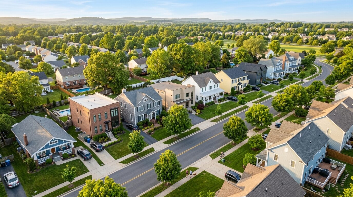 Aerial view of a suburban neighborhood with a mix of single- and multi- story homes, trees, and a few cars on the streets.