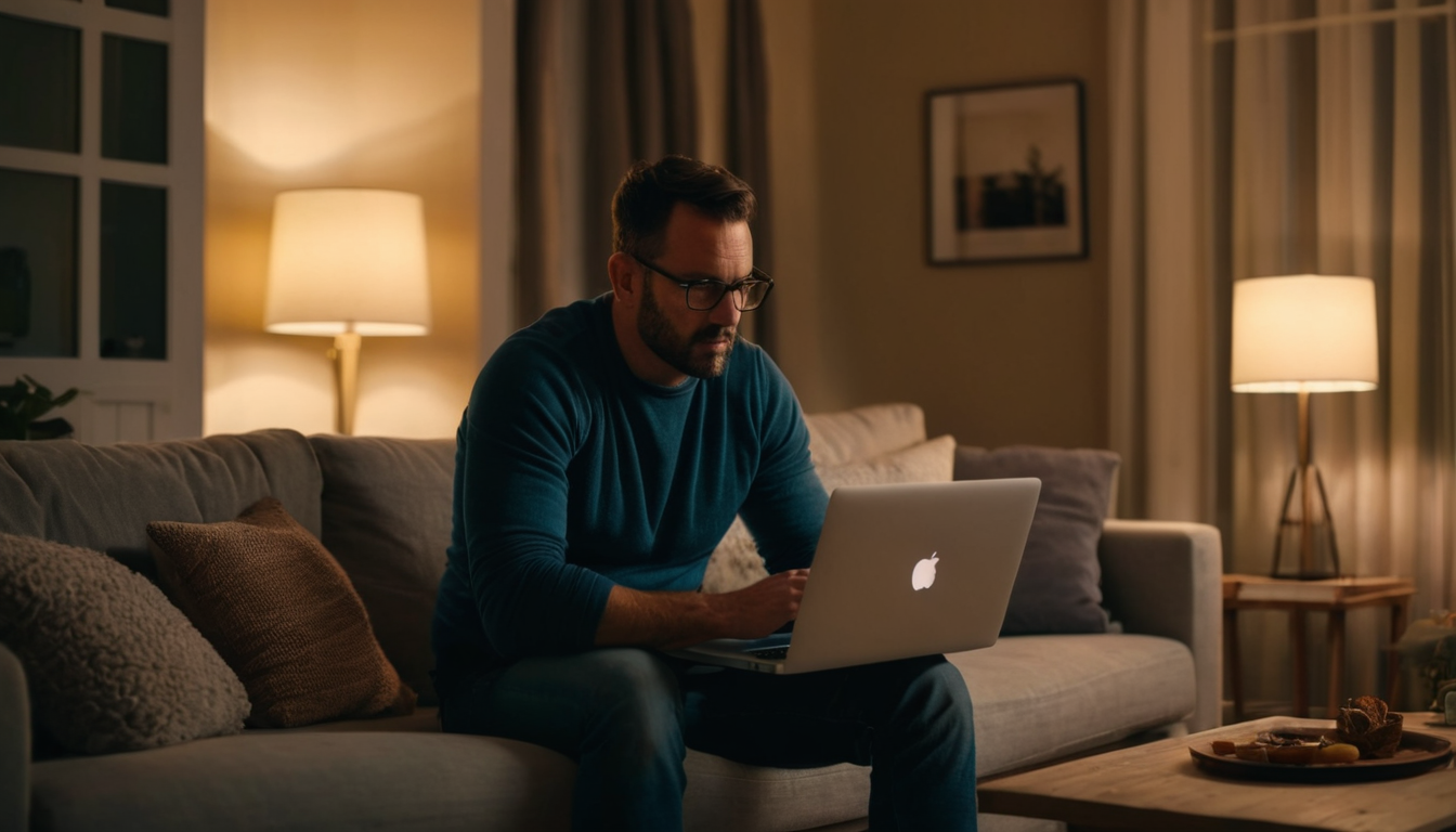 A man sits on a couch, working on his laptop in a dimly lit living room.