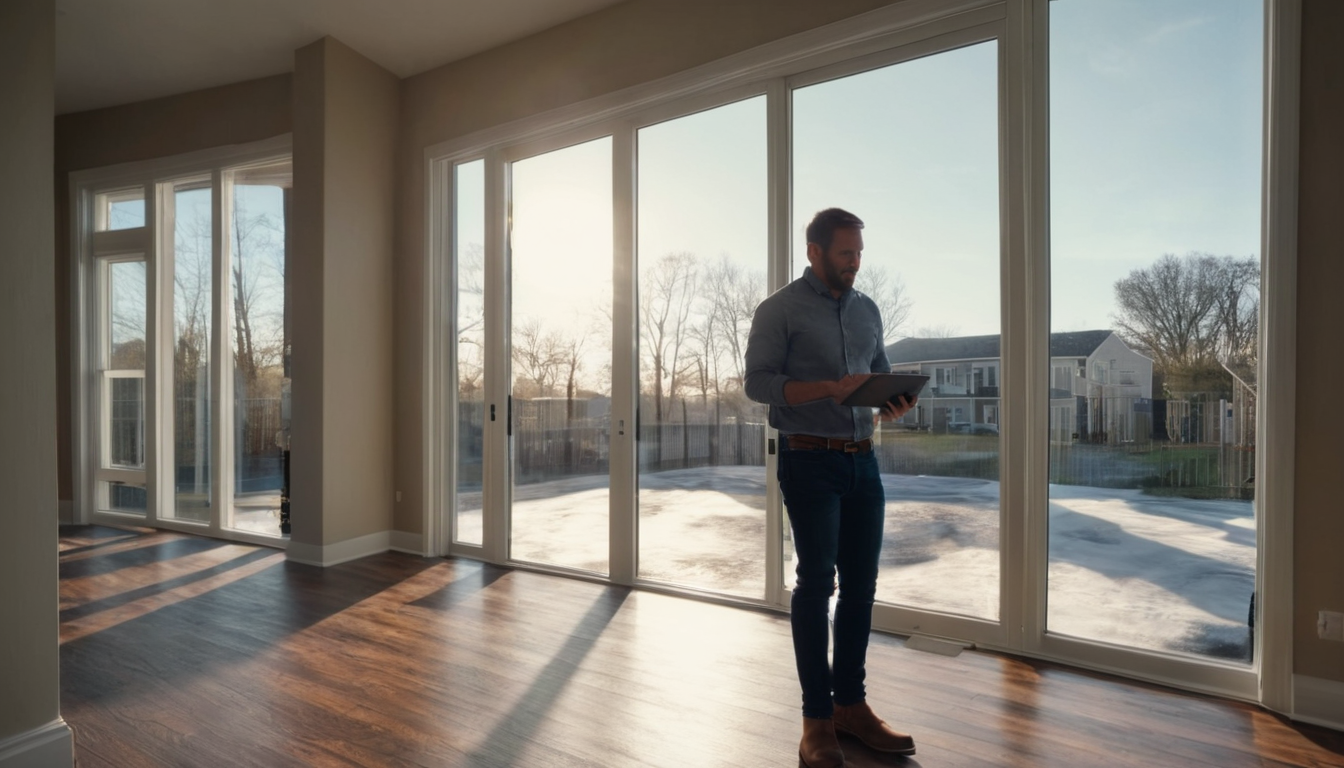 A man stands in an empty room with large windows, holding a tablet and surveying the space.