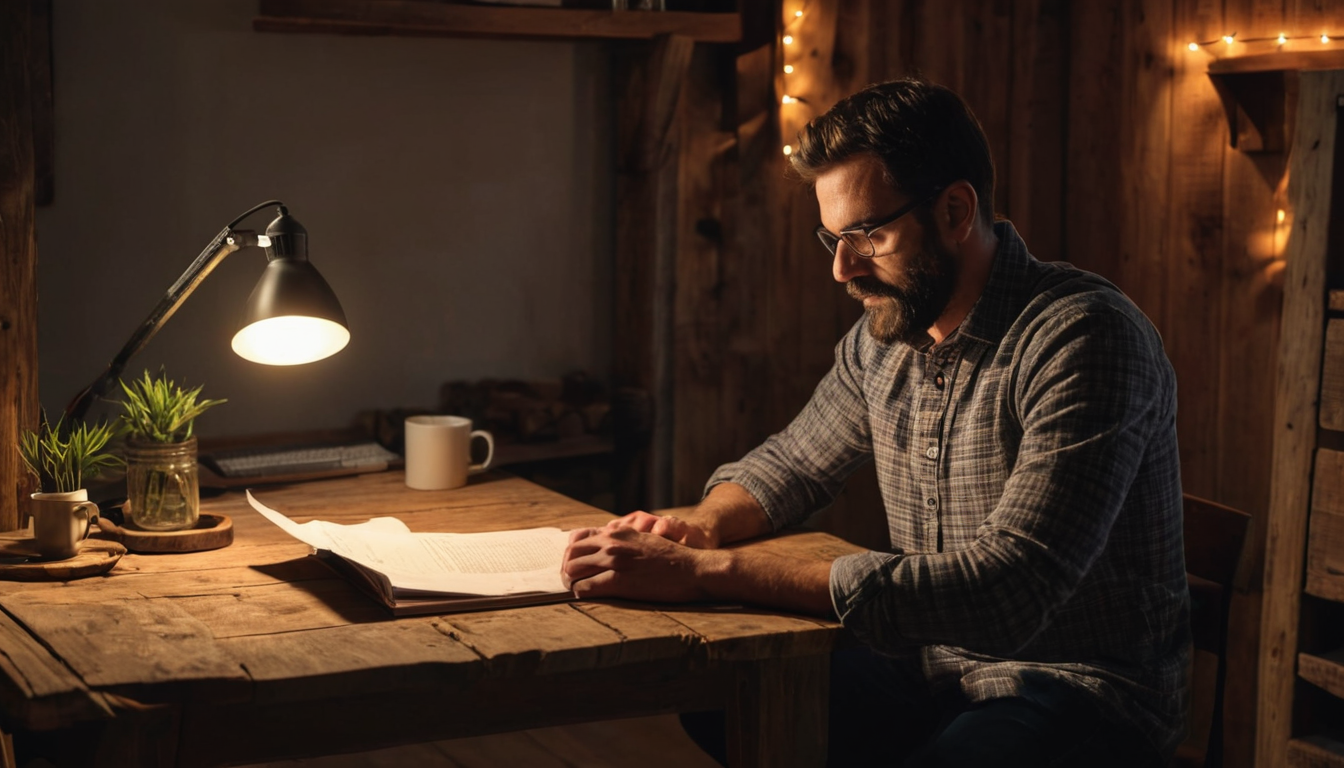 A man sits at a desk, reading a book under the soft glow of a lamp.