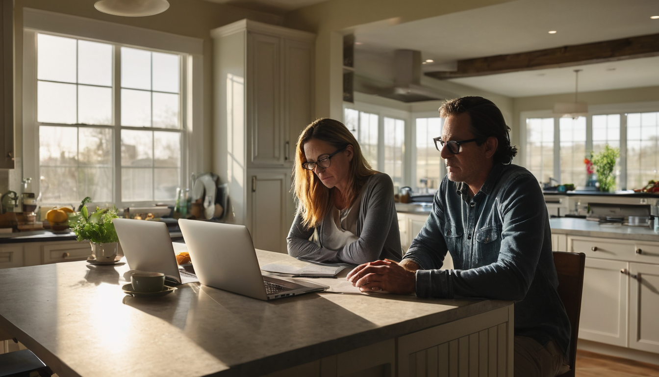 A couple sits at a kitchen island, working on laptops and reviewing documents in a well-lit, modern kitchen.
