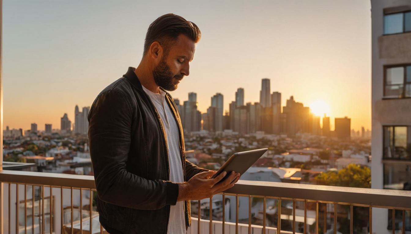 A man stands on a balcony, holding a tablet and gazing out at a city skyline at sunset.