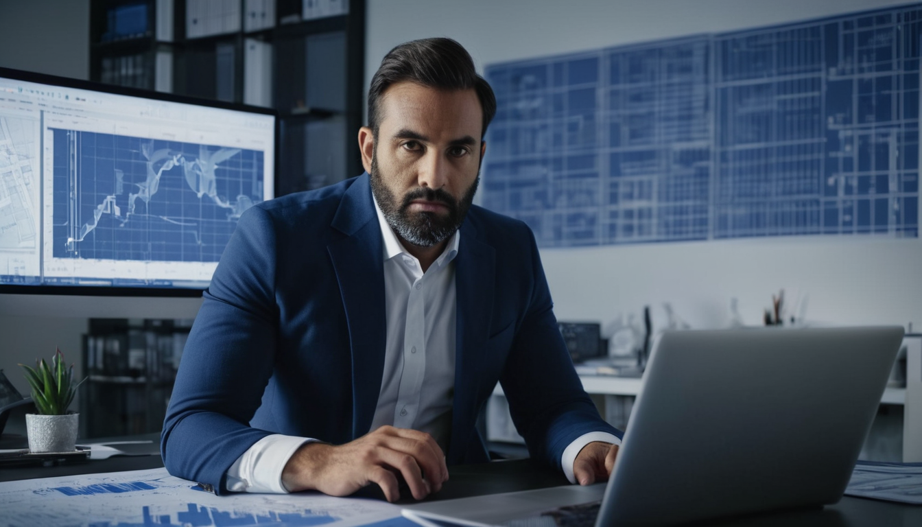 A man in a suit is sitting at a desk in front of a laptop, with a large screen displaying a graph behind him.
