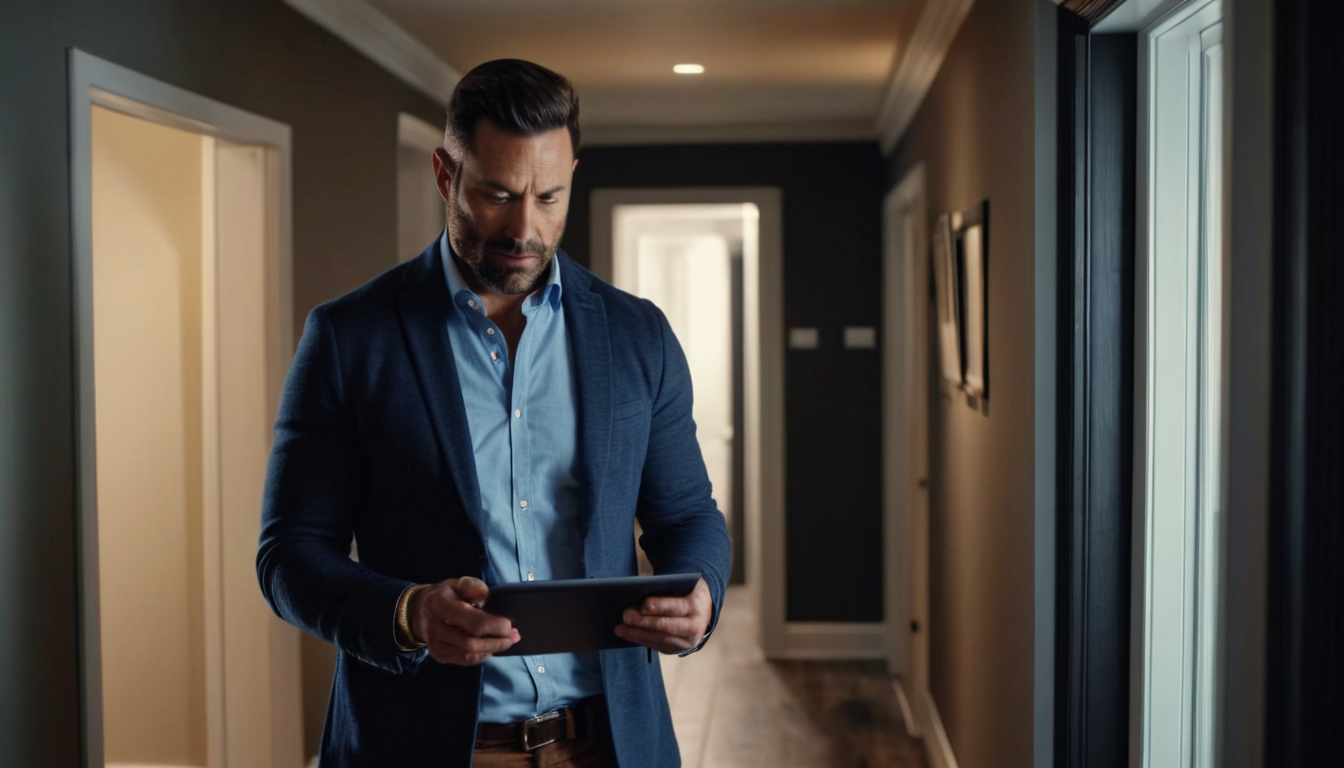 A man in a blue suit jacket and light blue shirt is holding a tablet in a hallway.