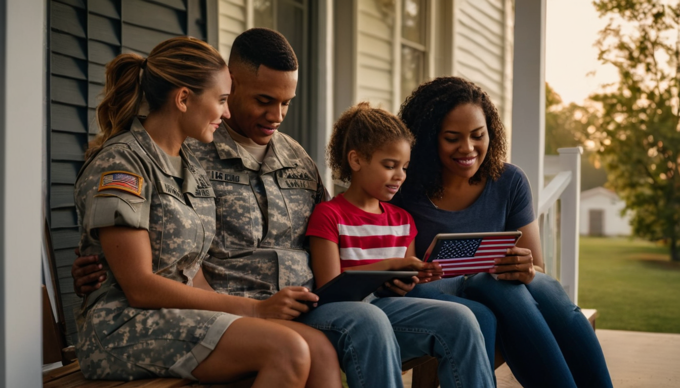A family of four, including a soldier, sits on a porch, enjoying a moment together while looking at a tablet.