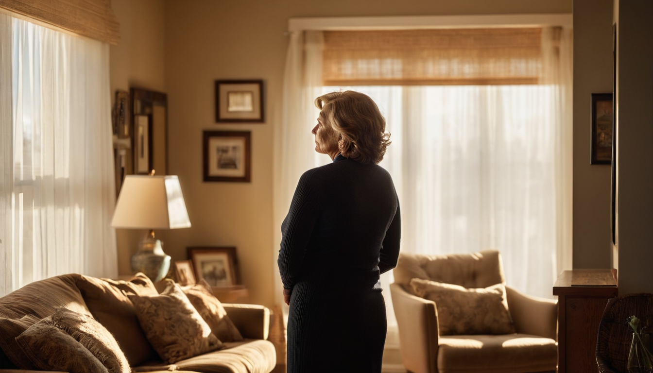 A woman stands in a living room, gazing out the window, surrounded by a warm and inviting atmosphere.
