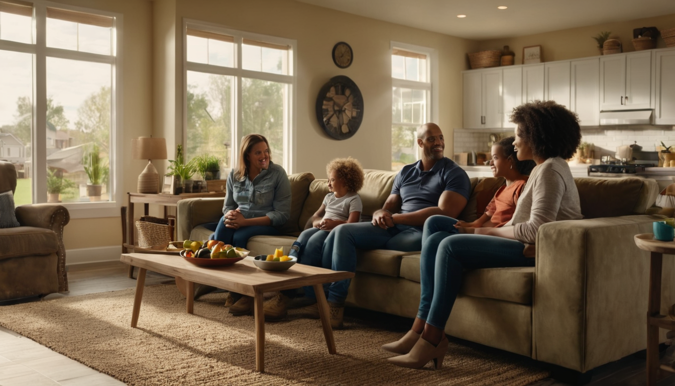 A family of six is gathered in a living room, enjoying quality time together.