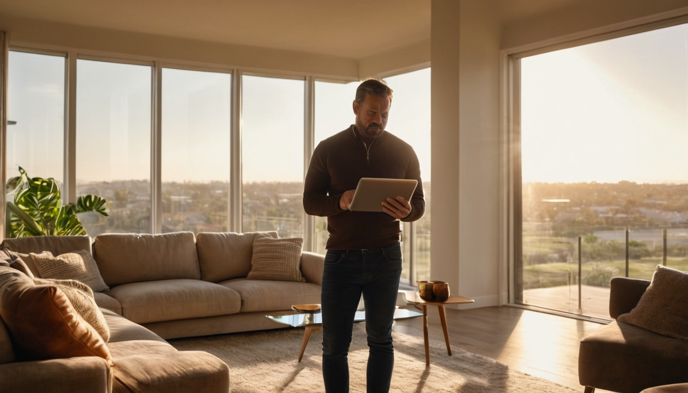A man stands in a living room, holding a tablet, with a large window behind him offering a view of the surrounding landscape.