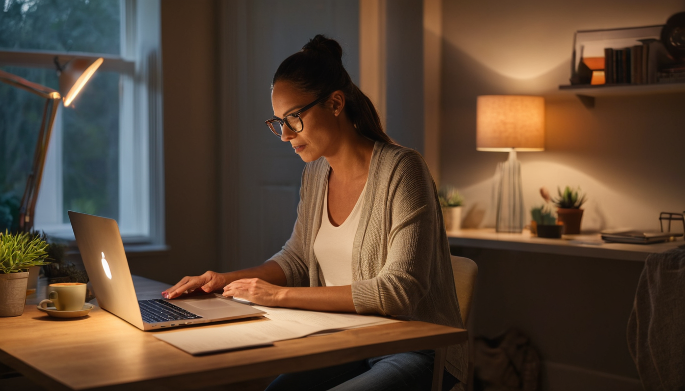 A woman is working on her laptop in a dimly lit room, surrounded by plants and a desk lamp.