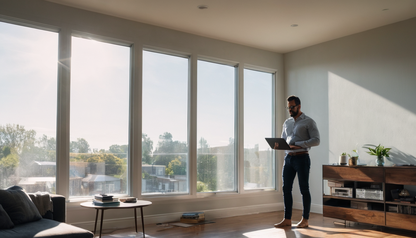 A man stands in a living room, holding a laptop and gazing out the window.