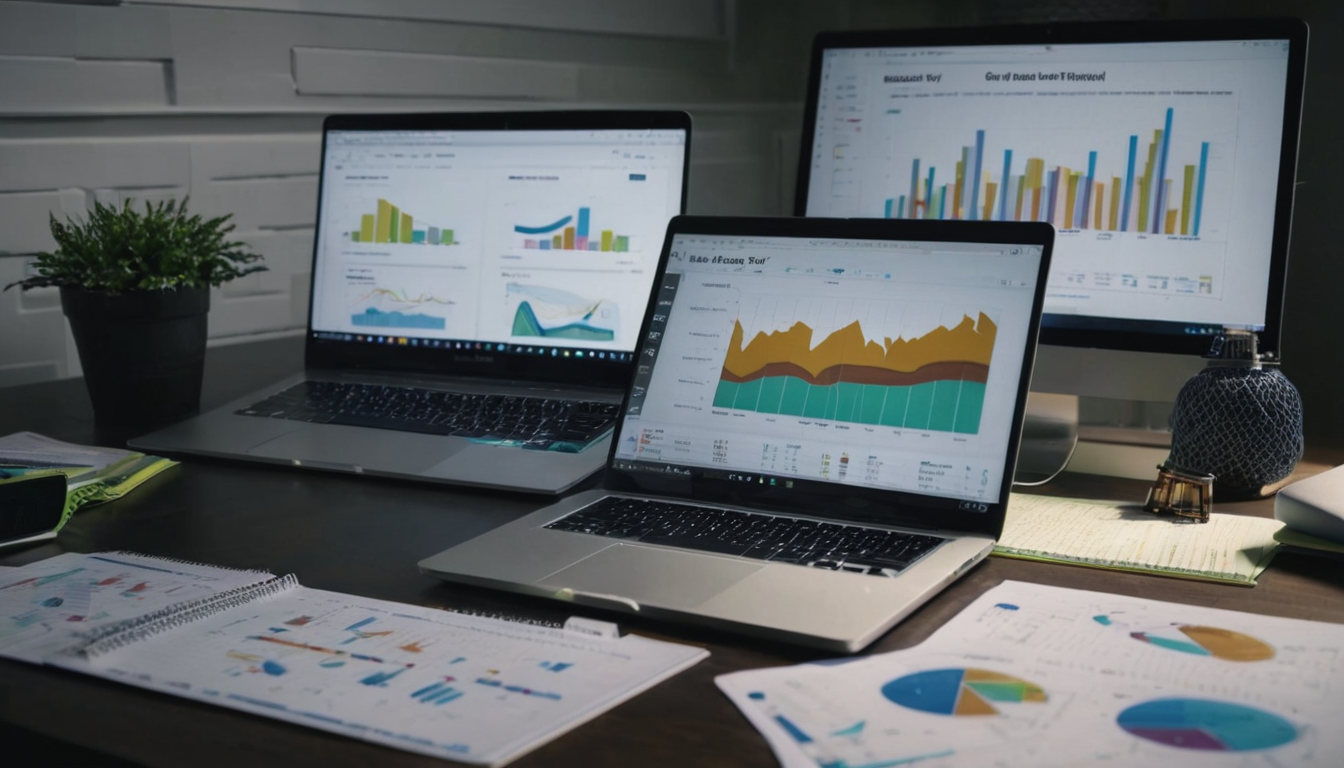 The image shows a darkened room with multiple laptops and monitors displaying various graphs and charts on their screens.