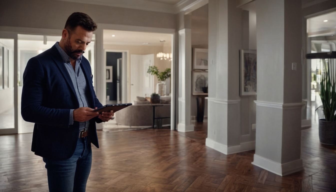 A man in a suit jacket and jeans stands in a room with white walls and a wooden floor, holding a tablet.
