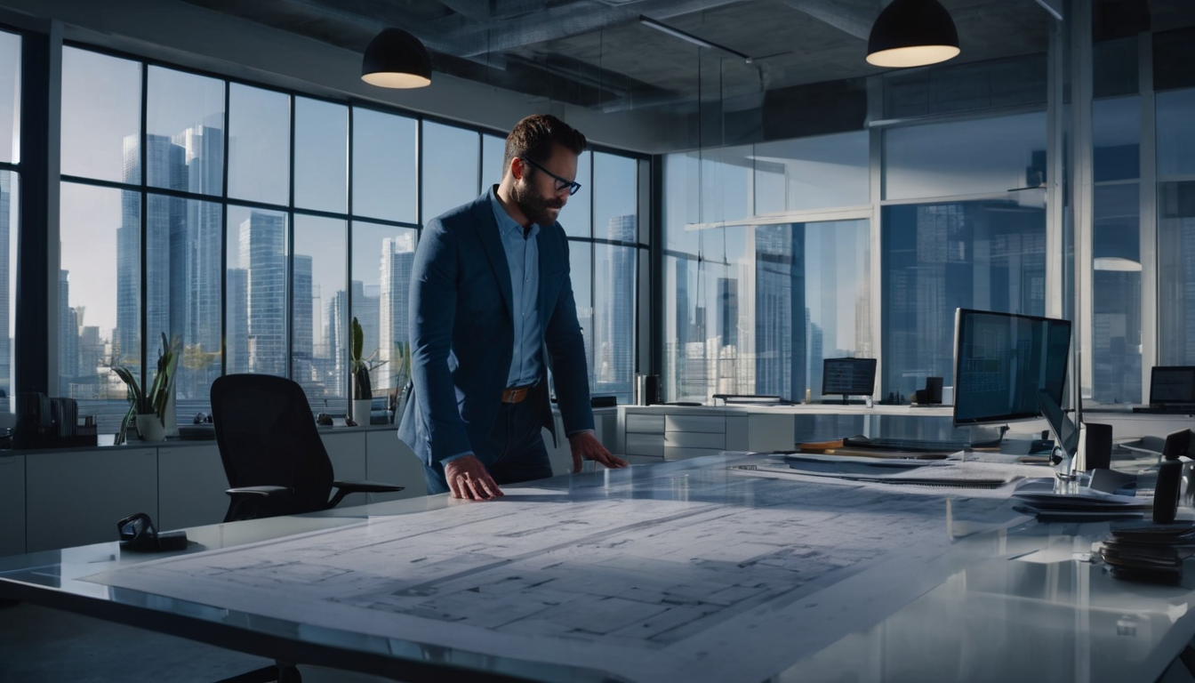 A man in a suit is standing in an office, looking at a large blueprint on a table.
