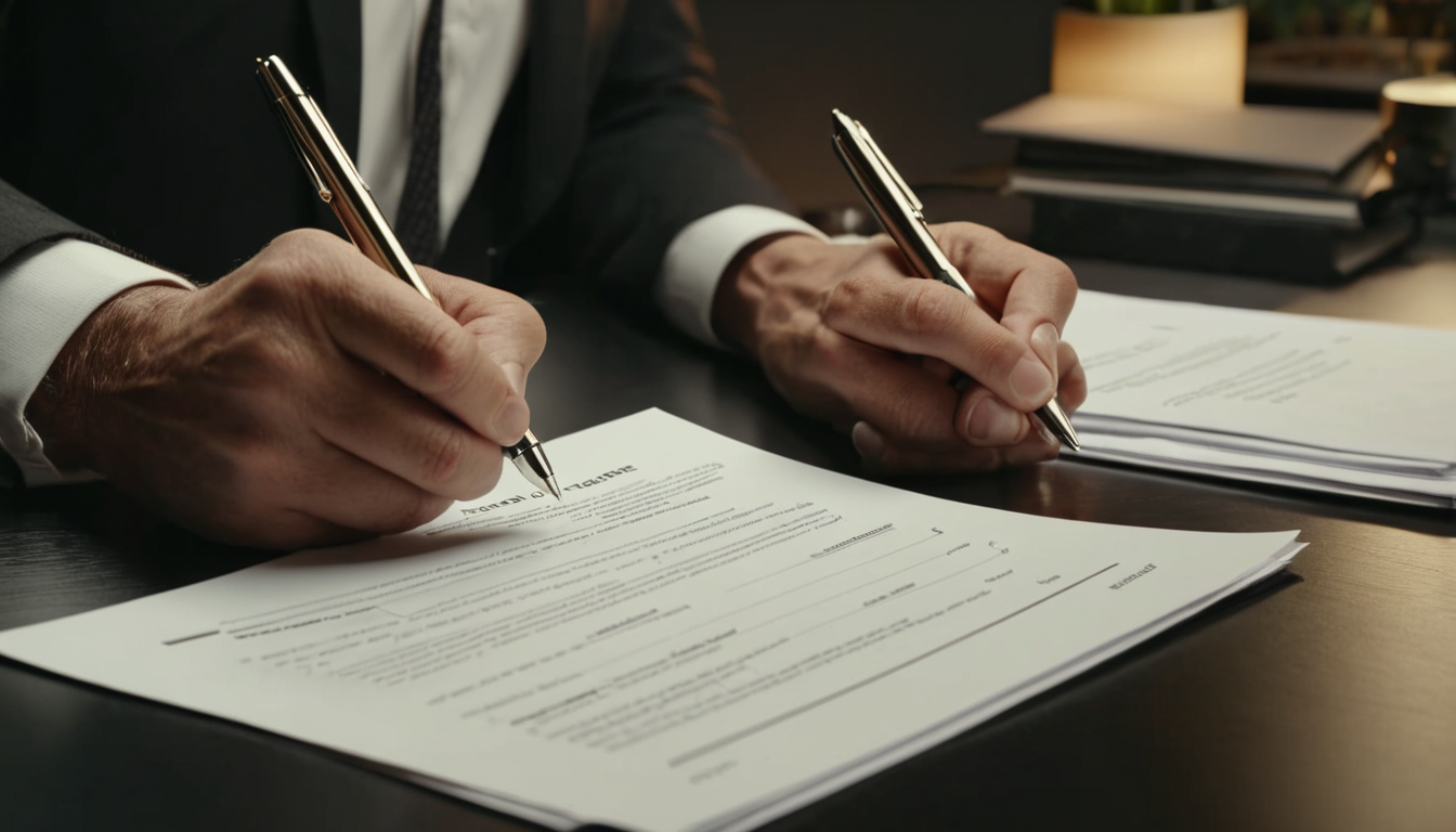 Two individuals in business attire are signing documents at a desk, with their hands holding pens over the papers.