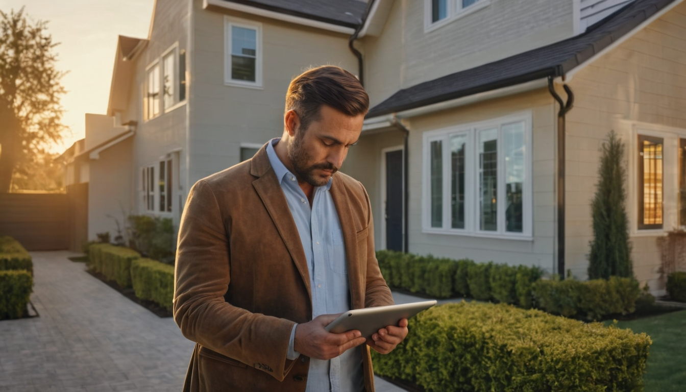 A man in a brown blazer and blue shirt is standing in front of a row of houses, holding a tablet.