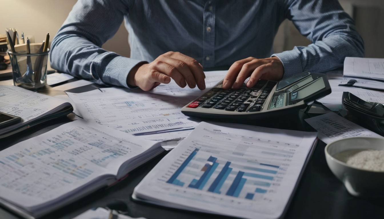 A person is working at a desk with a calculator and papers, surrounded by various office supplies.
