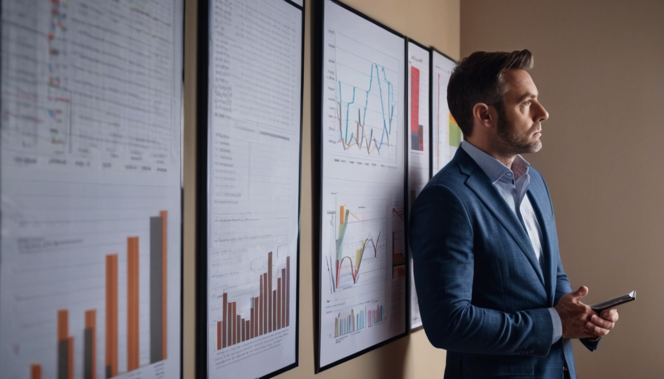 A man in a suit stands in front of a wall of framed charts and graphs, holding a tablet.