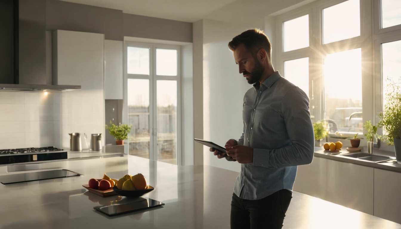 A man stands in a modern kitchen, holding a tablet and surrounded by fruit and plants, with a sink and windows in the background.