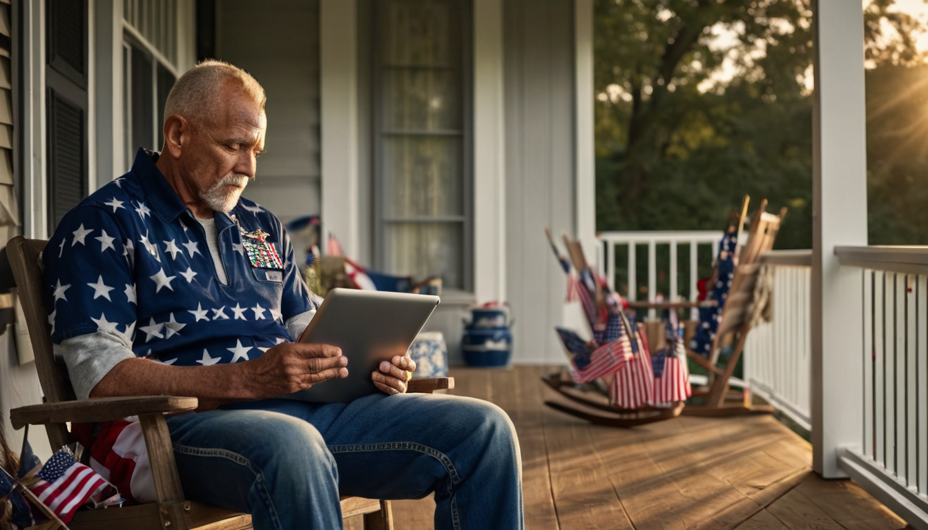 A man sits on a porch, holding a tablet and surrounded by American flags, in a patriotic and relaxed atmosphere.