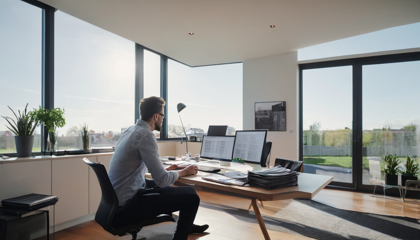 A man sits at a desk in a modern office, surrounded by windows and a view of the outdoors.