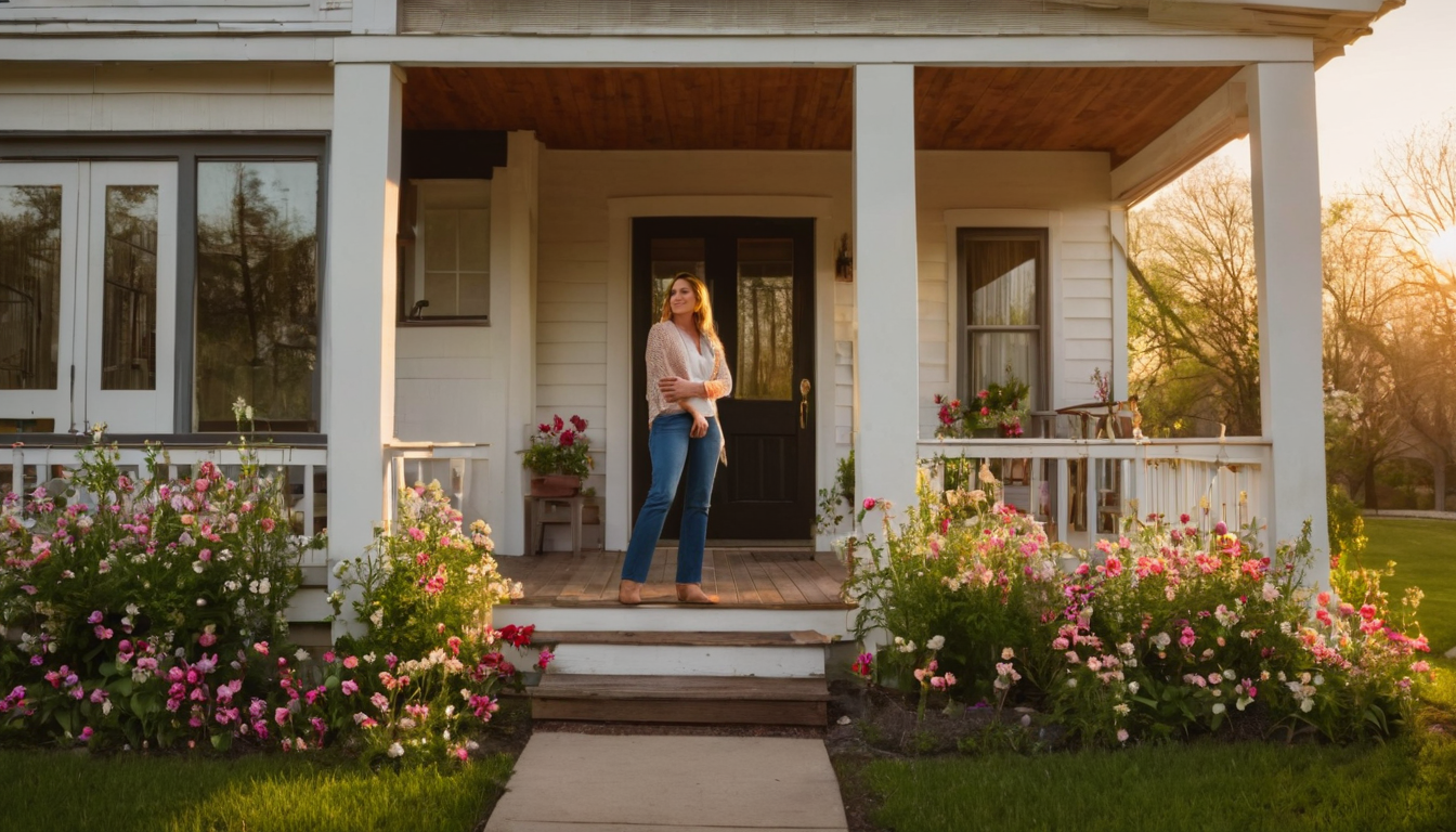 A woman stands on the porch of a white house with a porch, surrounded by a garden of pink and white flowers.