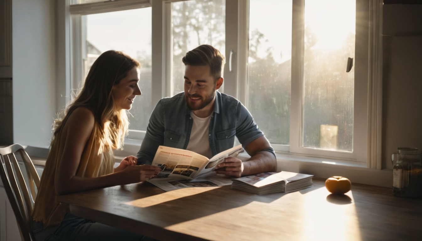 A couple is sitting at a table, reading a magazine together in a well-lit room with a large window.