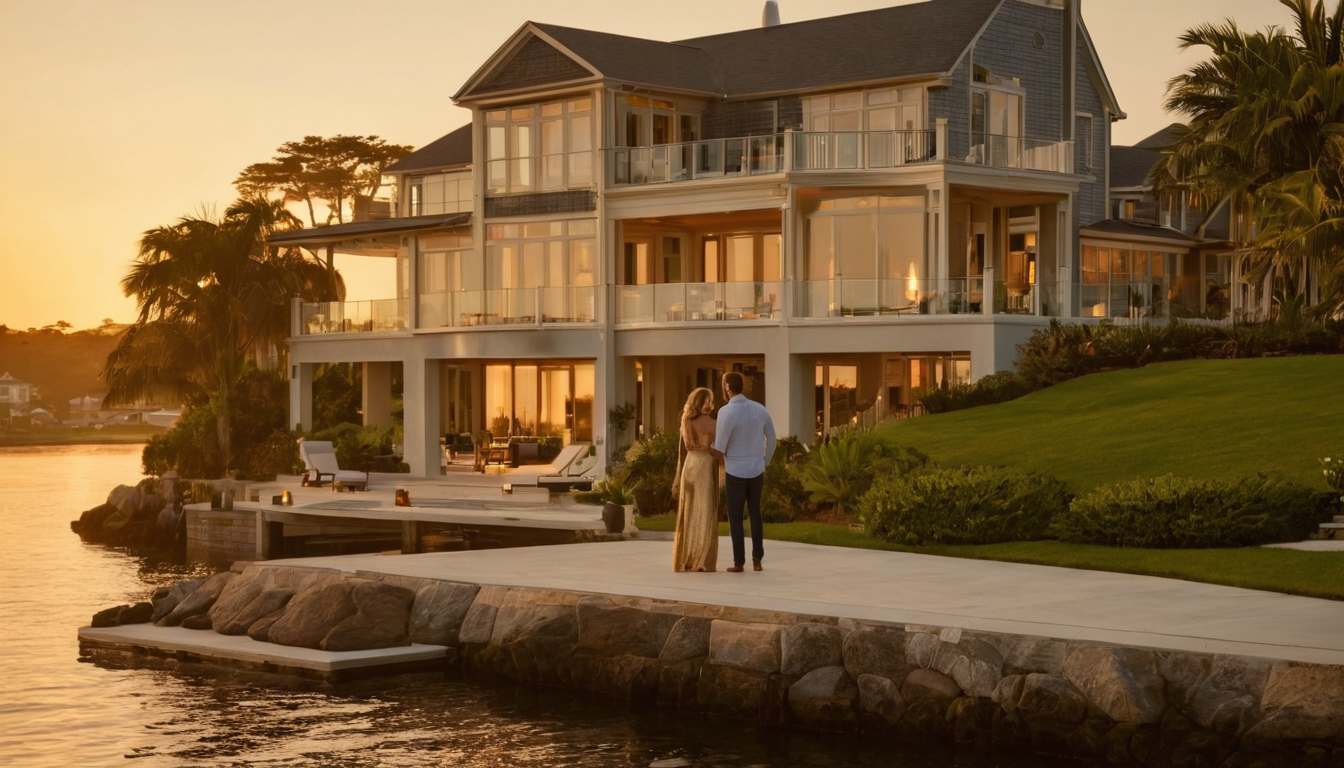 A couple stands in front of a large, multi-story house with a dock and a view of the water.