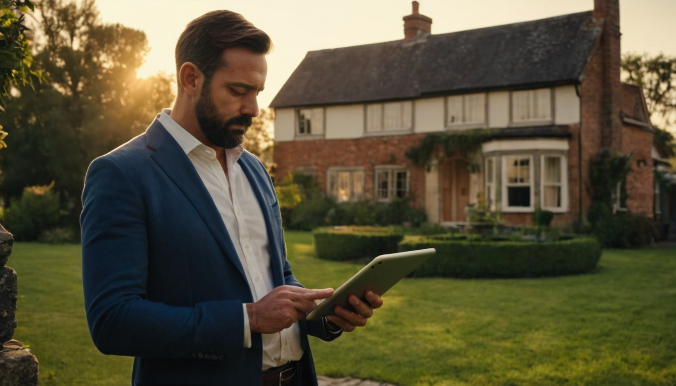 A man in a blue suit jacket is using a tablet in front of a large house.