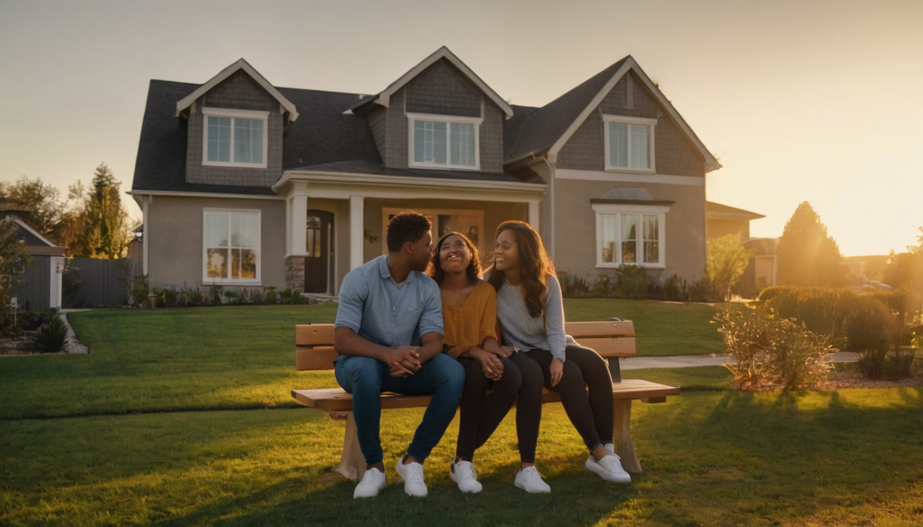A family of three sits on a bench in front of their home, enjoying a moment together.