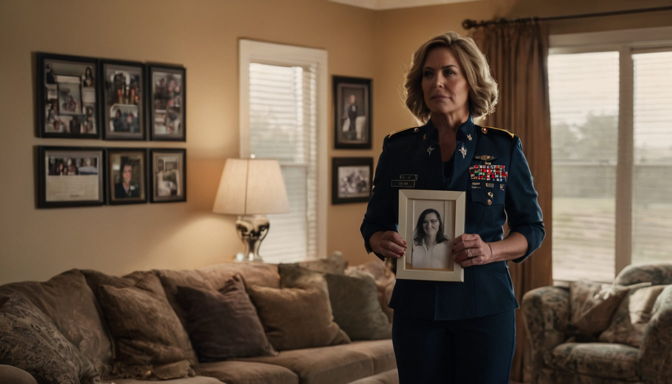 A woman in a military uniform holds a framed photo of a woman in a living room, surrounded by family photos on the walls.