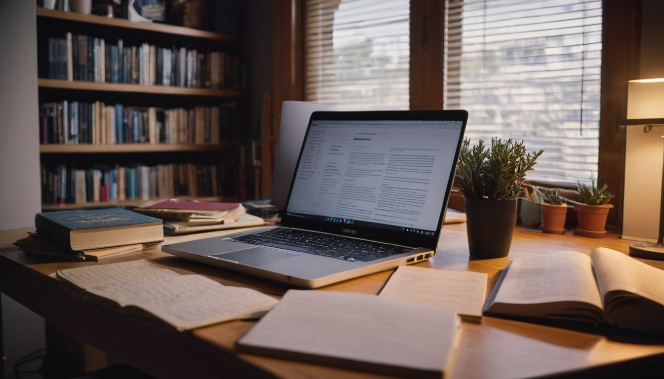The image depicts a laptop on a desk in a home office, surrounded by books and papers.