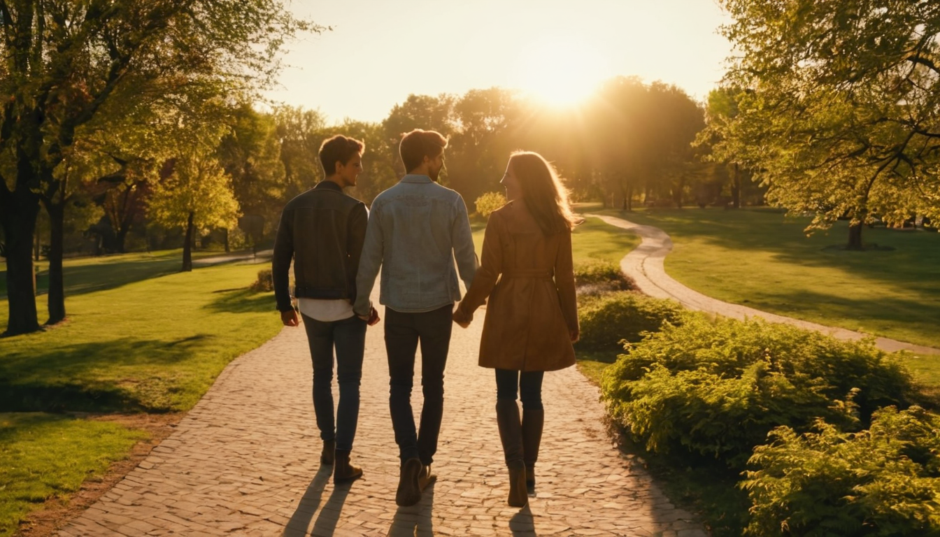 The image depicts three individuals walking hand in hand along a stone pathway in a park, with the sun shining brightly in the background.