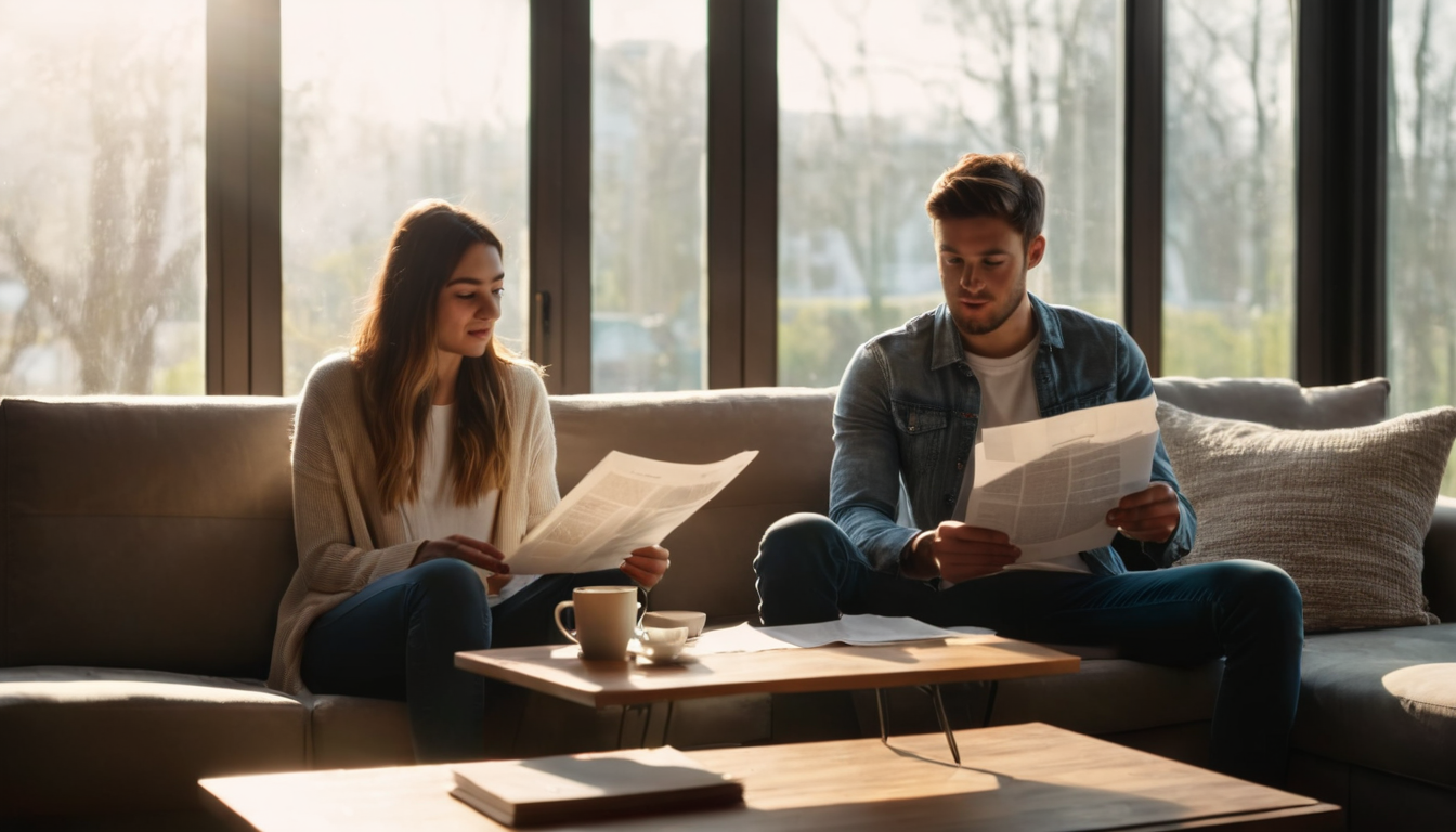 A couple is sitting on a couch, reading papers together in a living room with large windows.